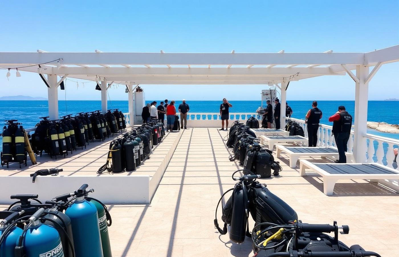Seaside dive center terrace with prepared equipment and staff